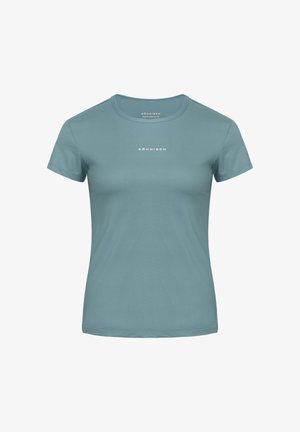 T-shirt a maniche corte azzurro chiaro realizzata in tessuto strutturato, con scollo rotondo e piccolo logo bianco centrato sul petto.