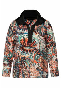 Färgglad sweatshirt med ett abstrakt blommönster i orange, blått och svart. Svart krage och halsringning kontrasterar mot den ljusa bakgrunden.