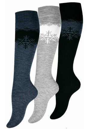 Tre paia di calzini alti fino al ginocchio in blu scuro, grigio e nero, con un motivo di fiocchi di neve sulla parte superiore. Realizzati in un materiale morbido e textures.