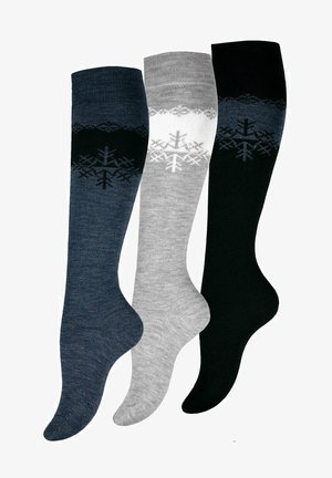 Three pairs of knee-high socks in dark blue, gray, and black, featuring a snowflake pattern across the top. Made of a soft, textured material.