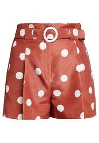 Kraťasy s puntíky v barvě rzi, s bílými puntíky, strukturovaným opaskem s kulatou sponou a sklady vpředu.