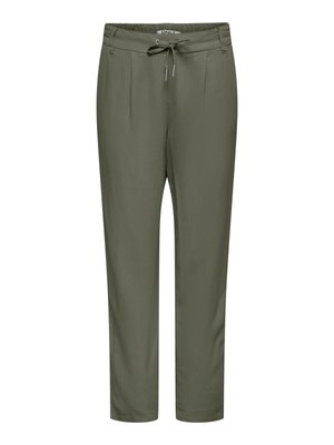 Olijfgroene casual broek met elastische tailleband en trekkoord, rechte pijp en subtiele gestikte details aan de voorkant.