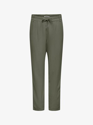 Olijfgroene casual broek met elastische tailleband en trekkoord, rechte pijp en subtiele gestikte details aan de voorkant.