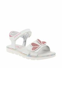 Sandalia blanca con acentos de mariposa de purpurina rosa, tira ajustable de Velcro, interior metálico brillante y suela blanca texturizada.