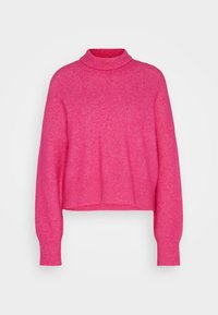 Růžový zkrácený svetr s podkoleníčkem, širokými dlouhými rukávy a měkkou texturou. Design zvýrazňují žebrované manžety a lem.