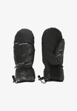 Schwarze isolierte Fäustlinge mit glänzender Oberfläche, elastischen Bündchen, verstellbaren Kordeln und einem kontrastierenden Bereich aus mattem Stoff.