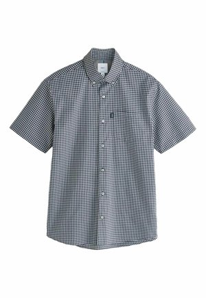 Short-sleeve button-up shirt with black and white checkered pattern and a front pocket on a white background.