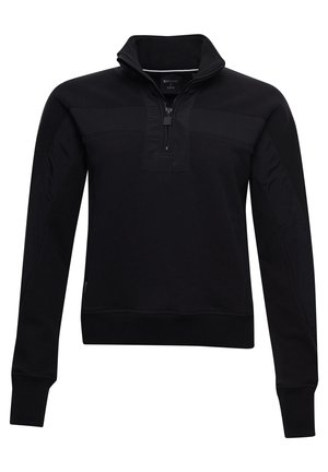 Czarna bluza z długim rękawem z półzamkiem z przodu, wysokim kołnierzem, ściągaczami na mankietach i dole, zaprojektowana do noszenia na co dzień lub podczas aktywności sportowej.