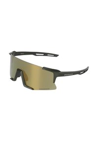 Lunettes de soleil enveloppantes style sport avec une seule lentille teintée marron et des aérations noires sur les branches et le pont du nez.