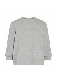 Hellgrauer Sweater mit langen Ärmeln, rundem Ausschnitt und geripptem Saum. Hergestellt aus weichem Stoff mit leicht strukturiertem Finish. Entspannt geschnitten.