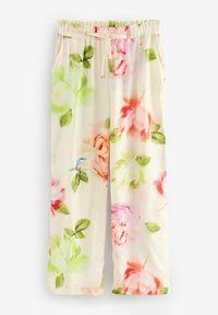Floral pajama pants in lightweight fabric; cream base with pink and green flower patterns; elastic waistband with drawstring; side pockets.
