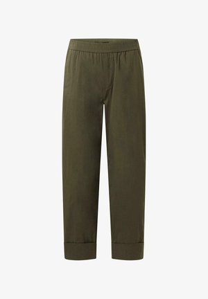 Pantalons légers de couleur vert olive avec une taille élastique et des ourlets roulés. Texture lisse, coupe droite et sans poches visibles.