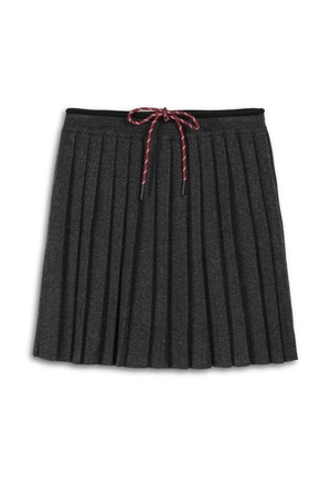 Szara plisowana spódnica z miękkiego materiału, z czarną talią i czerwono-białym plecionym sznurkiem w pasie.