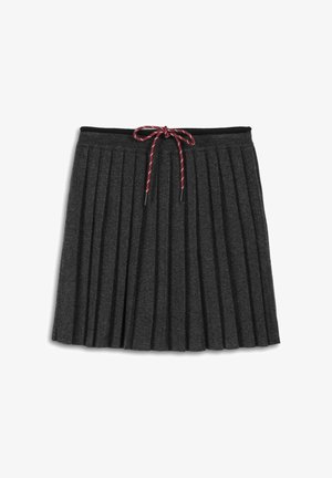 Gray pleated skirt made of soft fabric, featuring a black waistband and a red and white braided drawstring at the waist.