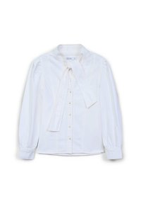 Weiße Bluse mit langen Ärmeln und einer Bindekragen. Verfügt über eine Knopfleiste vorne, geraffte Schultern und eine subtile Textur im Stoff.
