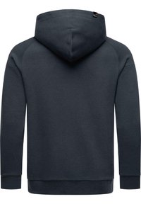 Sudadera gris oscura hecha de tejido suave, con una gran capucha, puños acanalados y un dobladillo recto. Sin patrones visibles ni detalles en hardware.