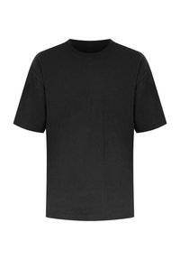 Schwarzes T-Shirt mit kurzen Ärmeln aus Baumwolle. Rundhalsausschnitt-Design, lockere Passform, mit glatter Textur und ohne sichtbare Muster oder Akzente.