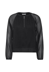 Schwarze, transparente Bluse mit rundem Halsausschnitt, langen Ärmeln und einem Reißverschluss vorne, der mit einem kreisförmigen Zugring ausgestattet ist. Glattes Gewebe mit leichter Textur.