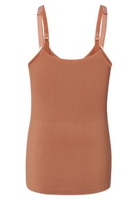 Ribbed top w prążkowanym wzorze w ciepłym odcieniu brązu, z regulowanymi ramiączkami i dopasowanym krojem. Gładka tekstura z delikatnym streczem dla wygody.