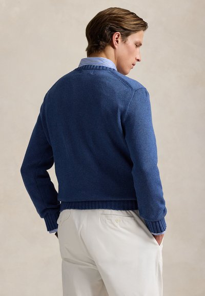 Mann steht mit den Händen in den Taschen, trägt einen blauen Pullover über einem gestreiften Hemd und hellfarbene Hosen, steht mit dem Rücken zu einer einfarbigen Wand.