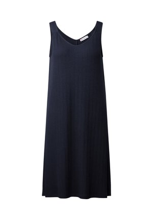 Abito senza maniche a coste di colore blu navy con scollo a V e silhouette dritta, caratterizzato da una vestibilità comoda e spacchi laterali per facilità di movimento.