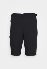 Černé cargo šortky vyrobené z lehké, hladké tkaniny, s knoflíkovým zapínáním, poutky na pásek a zipovými bočními kapsami.