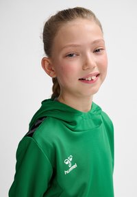 Grøn atletisk hoodie med et struktureret stof, der har hætte, sorte accenter på skuldrene og et hvidt logo på brystet.
