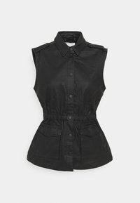 Musta hihaton takki kauluksella, säädettävällä vyötäröllä, napeilla suljettava ja kaksi etutaskua. Sileä kangas, jossa hienoinen kiilto.