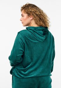 Felpa in velluto teal con una consistenza morbida, dotata di cappuccio arrotondato e vestibilità rilassata. Il design include maniche lunghe e una tasca a canguro.