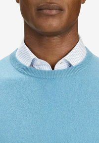 Ljusblå tröja med rund halsringning, tillverkad av mjukt material, lager på lager över en vit skjorta med blå ränder, med knäppta manschetter.