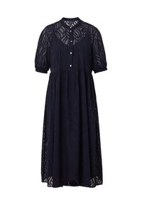 Robe marine en tissu texturé avec un motif de feuillage, dotée de manches courtes, d'un col et d'une fermeture à boutons sur le devant.