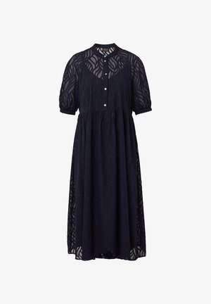 Marineblaues Kleid aus texturiertem Stoff mit einem Blattmuster, ausgestattet mit kurzen Ärmeln, einem Kragen und einer durchgehenden Knopfleiste.