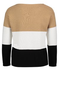 Sweter dzianinowy z okrągłym dekoltem, z poziomymi blokami kolorów: beżowym, białym i czarnym. Teksturowana tkanina z długimi rękawami.