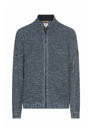 Dunkelblaues, gestricktes Sweatshirt mit Reißverschluss und hohem Kragen, genoppter Struktur und gerippten Bündchen. Mit einem Logopatch am Ärmel.