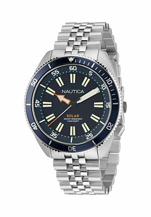 Nautica solar watch with a round navy dial, luminous hour markers, stainless steel band, and a rotating bezel, water-resistant up to 100m.