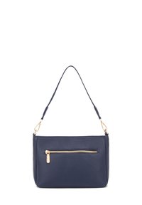 Borsa a tracolla in pelle blu navy con una finitura testurizzata, dotata di una tasca frontale con zip e di una singola tracolla regolabile. Dettagli in hardware dorato.