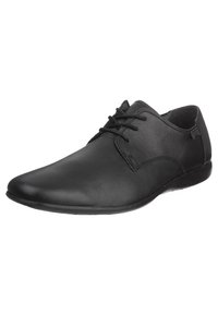 Chaussure habillée en cuir noir avec une finition lisse, design à lacets, bout rond et semelle flexible pour le confort et la facilité de mouvement.