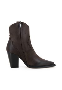 Stivali ankle in pelle marrone con punta affusolata, chiusura con zip laterale e tacco robusto. Texture liscia con dettagli di cucitura sottili.