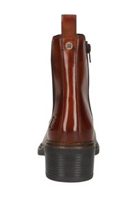 Braune Leder-Ankle-Boots mit glatter Oberfläche, seitlichem Reißverschluss und einem geriffelten schwarzen Gummihighheel. Besitzt ein Logodetail an der Seite.