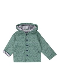 Veste de pluie verte avec un imprimé dinosaure partout, doublure rayée, fermeture à boutons et manches longues. Convient aux enfants.