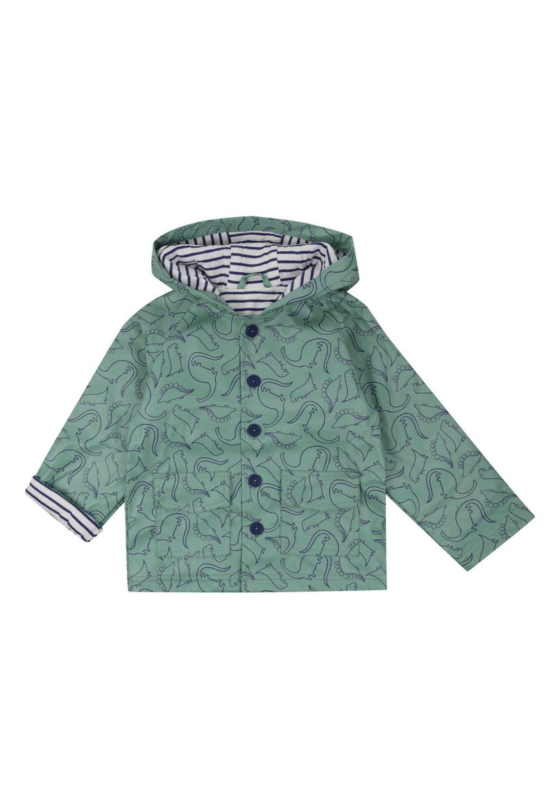 Veste de pluie verte avec un imprimé dinosaure partout, doublure rayée, fermeture à boutons et manches longues. Convient aux enfants.