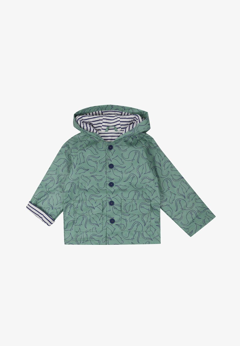 Veste de pluie verte avec un imprimé dinosaure partout, doublure rayée, fermeture à boutons et manches longues. Convient aux enfants.