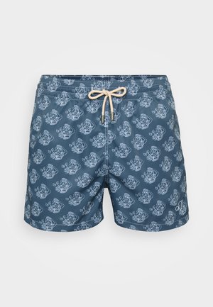 Costume de baie scurt în bleu închis, cu un model repetitiv alb de personaje de desene animate, talie elastică și sistem de închidere cu șnur.