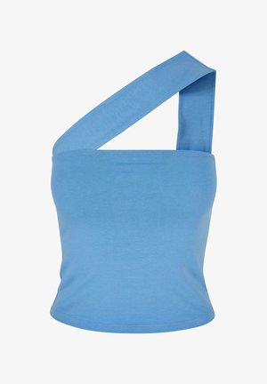 Blaues ärmelloses Top aus weichem Stoff. Verfügt über einen breiten diagonalen Träger, elegantes Design und eine figurbetonte Silhouette. Glatte Textur.