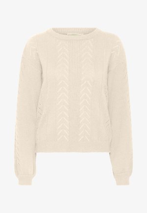 Beige Strickpullover mit Rundhalsausschnitt, langen Ärmeln und strukturiertem Zickzackmuster. Der Stoff wirkt weich und leicht, mit subtilen Details an den Ärmeln.