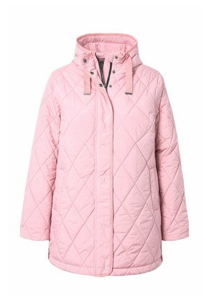Rosa quiltet jakke med hætte, trykknapper og snoretræk detaljer. Materialet har en glat overflade med et diamantmønster.