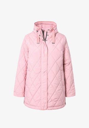 Rosa gesteppte Jacke mit Kapuze, Druckknöpfen und Kordelzügen. Das Material hat eine glatte Textur mit einem Rautenmuster.