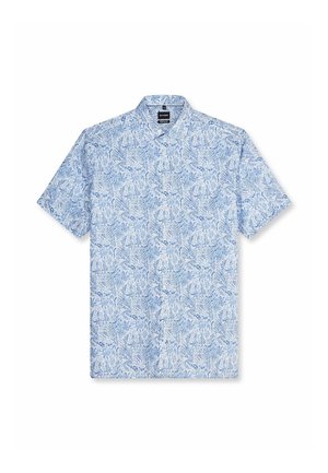 Overhemd met korte mouwen en knopen, met blauw-witte bloemen paisleyprint en een spreadkraag, weergegeven op een witte achtergrond.