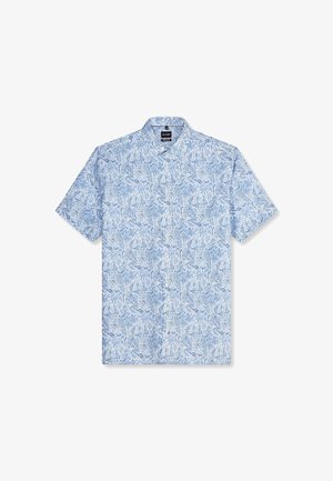 Kurzärmeliges Hemd mit Knopfleiste, blau-weißem Blumen-Paisley-Muster und Hemdkragen, auf weißem Hintergrund dargestellt.