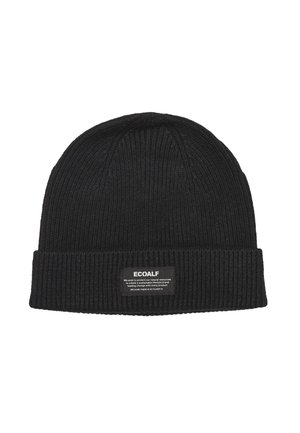 Svart ribbestrikket lue med brettet kant og rektangulært ECOALF-merke sydd foran.